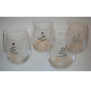 Pier 1 Stemless Glasses 18 fl. oz. Set of 4 Holiday Christmas Gold Trees NEW